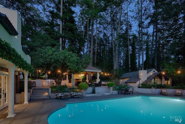 3850 Montecito Ave, Santa Rosa, CA 95404 - swimming pool with french doors, a patio area, and a gazebo