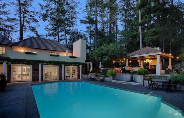 3850 Montecito Ave, Santa Rosa, CA 95404 - outdoor pool with french doors, a patio, a storage structure, and an outbuilding
