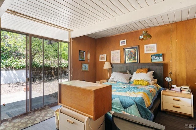 2235 Juniperberry Dr, San Rafael, CA 94903 - bedroom with access to outside, wood walls, and wood ceiling with exposed beams