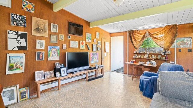2235 Juniperberry Dr, San Rafael, CA 94903 - living room with beamed ceiling, wooden walls, and a baseboard heating unit