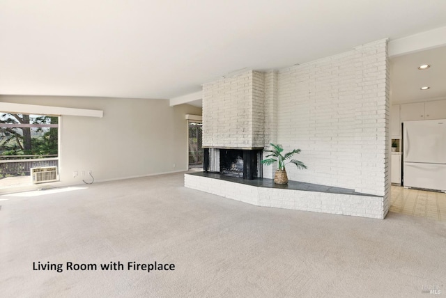 175 Ridge Rd, San Anselmo, CA 94960 - unfurnished living room featuring light colored carpet, a fireplace, recessed lighting, and brick wall