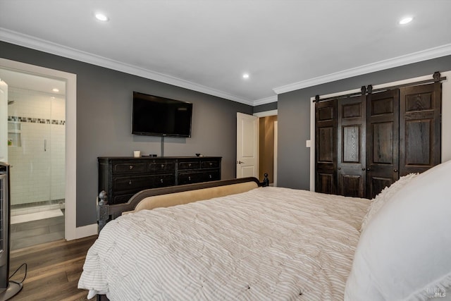 4260 Plass Dr, Napa, CA 94558 - bedroom with recessed lighting, wood finished floors, crown molding, baseboards, and a barn door
