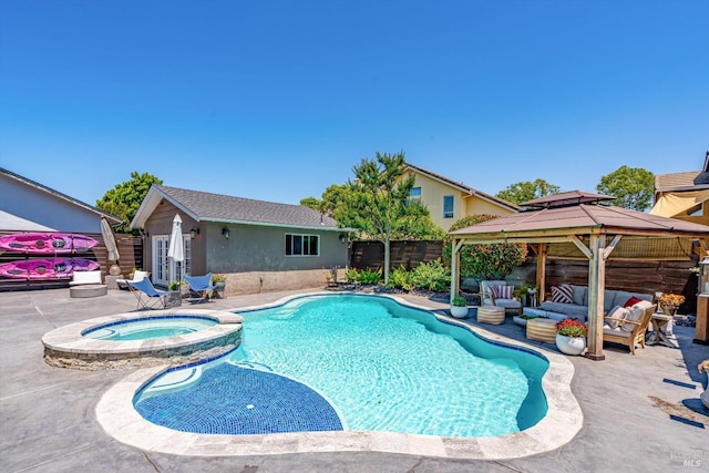 4260 Plass Dr, Napa, CA 94558 - view of pool with a gazebo, an outdoor hangout area, a patio area, a fenced backyard, and a pool with connected hot tub