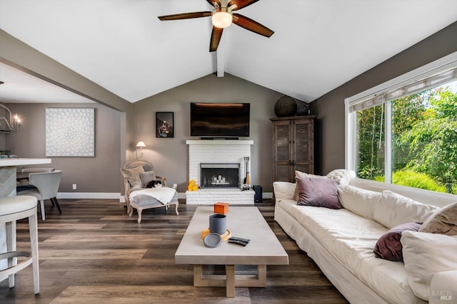 4260 Plass Dr, Napa, CA 94558 - living area with a ceiling fan, dark wood finished floors, a brick fireplace, baseboards, and a chandelier