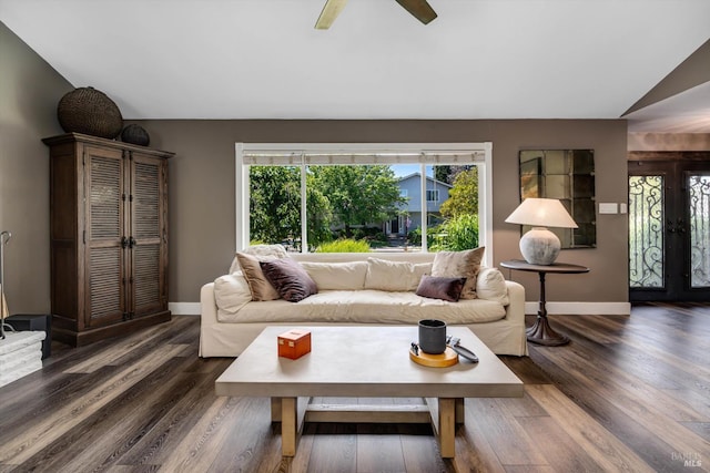 4260 Plass Dr, Napa, CA 94558 - living room with lofted ceiling, wood finished floors, ceiling fan, and baseboards