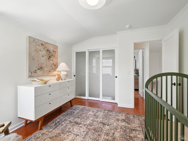 9 Park St, San Rafael, CA 94901 - bedroom featuring lofted ceiling, wood finished floors, baseboards, and crown molding