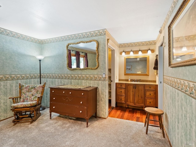1010 Easum Dr, Napa, CA 94558 - full bath with wallpapered walls, vanity, wainscoting, and carpet