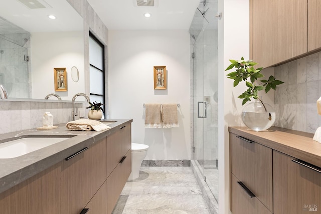 225 W Baltimore Ave, Larkspur, CA 94939 - bathroom with vanity, a stall shower, marble finish floors, toilet, and recessed lighting