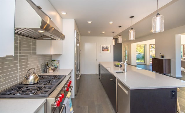 1090 1st Ave Unit A, Napa, CA 94558 - kitchen with range hood, high quality appliances, a sink, light countertops, and dark wood-style floors