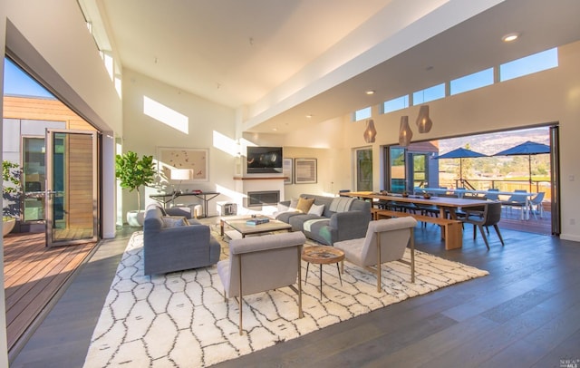 1090 1st Ave Unit A, Napa, CA 94558 - living room with a high ceiling, hardwood / wood-style floors, a fireplace, and recessed lighting