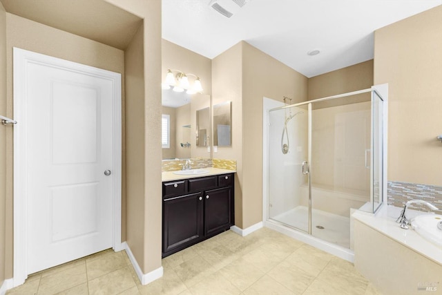 2234 Pullen Ln, Fairfield, CA 94533 - full bathroom with a stall shower, vanity, a bath, tile patterned floors, and baseboards