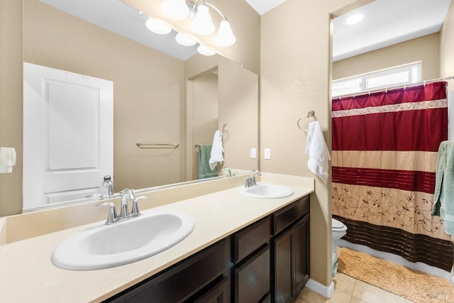 2234 Pullen Ln, Fairfield, CA 94533 - bathroom featuring toilet, tile patterned flooring, double vanity, and curtained shower