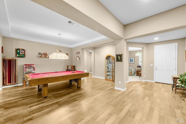 2234 Pullen Ln, Fairfield, CA 94533 - recreation room featuring light wood-style flooring, baseboards, billiards table, a tray ceiling, and arched walkways