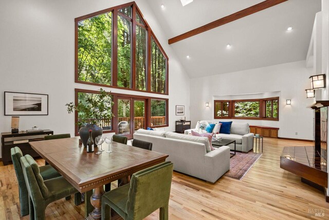 192 Carson Rd, Woodacre, CA 94973 - dining space featuring high vaulted ceiling, beamed ceiling, light wood-type flooring, plenty of natural light, and recessed lighting