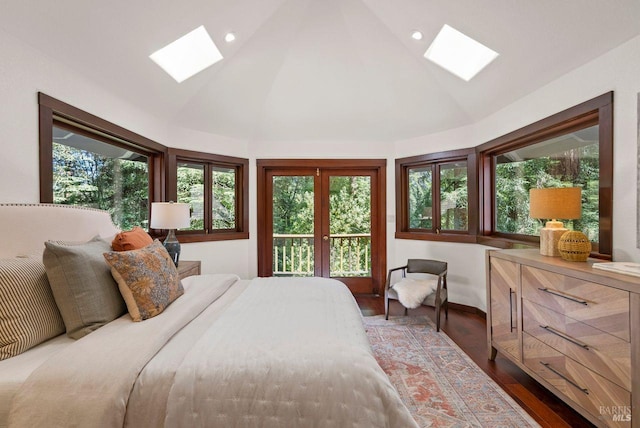 192 Carson Rd, Woodacre, CA 94973 - bedroom featuring a skylight, vaulted ceiling, dark wood-type flooring, access to outside, and recessed lighting
