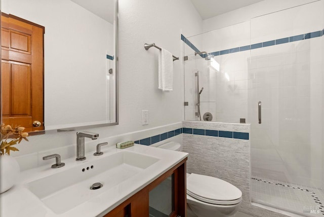 192 Carson Rd, Woodacre, CA 94973 - bathroom featuring toilet, a stall shower, tile walls, and vanity