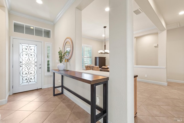 508 Riverwood Ln, Rio Vista, CA 94571 - foyer entrance with light tile patterned flooring, crown molding, a chandelier, recessed lighting, and baseboards