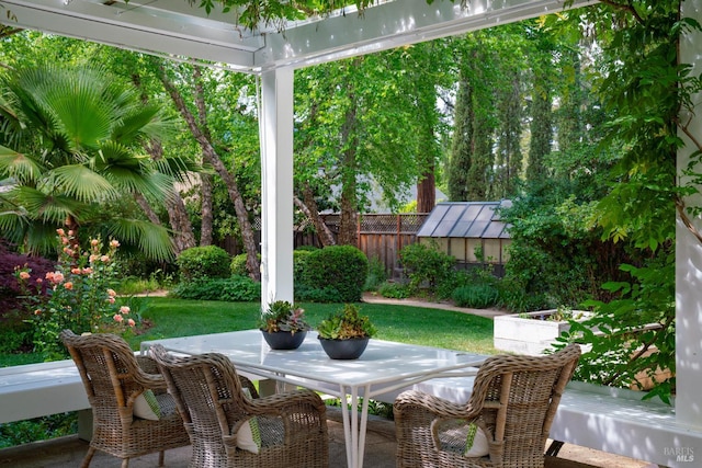 1330 Pine St, Saint Helena, CA 94574 - view of patio with an exterior structure, an outbuilding, and outdoor dining space