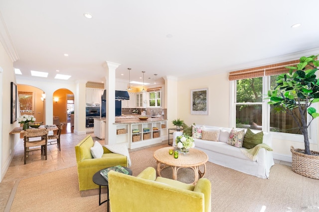 1330 Pine St, Saint Helena, CA 94574 - living area featuring arched walkways, ornamental molding, decorative columns, recessed lighting, and baseboards