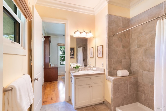 1330 Pine St, Saint Helena, CA 94574 - bathroom with ornamental molding, vanity, a tile shower, and tile patterned floors