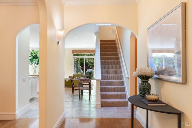 1330 Pine St, Saint Helena, CA 94574 - foyer featuring arched walkways, stairway, ornamental molding, light wood-type flooring, and baseboards