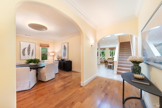 1330 Pine St, Saint Helena, CA 94574 - corridor featuring arched walkways, hardwood / wood-style flooring, plenty of natural light, crown molding, and stairs