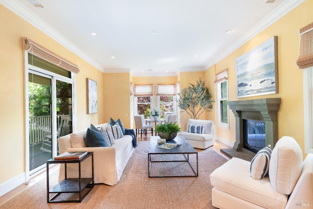 1330 Pine St, Saint Helena, CA 94574 - living area with plenty of natural light, a glass covered fireplace, baseboards, recessed lighting, and ornamental molding