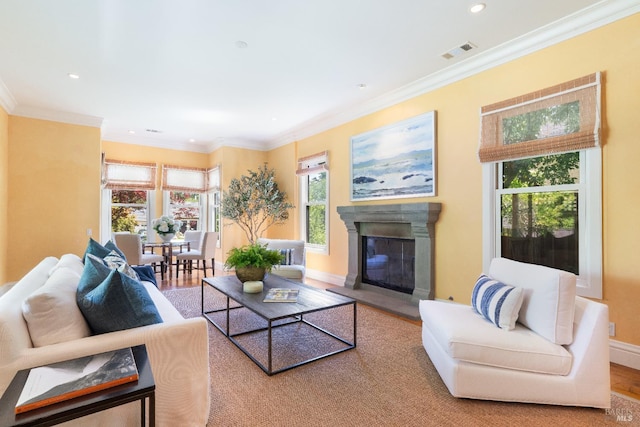 1330 Pine St, Saint Helena, CA 94574 - living area featuring wood finished floors, recessed lighting, baseboards, ornamental molding, and a glass covered fireplace