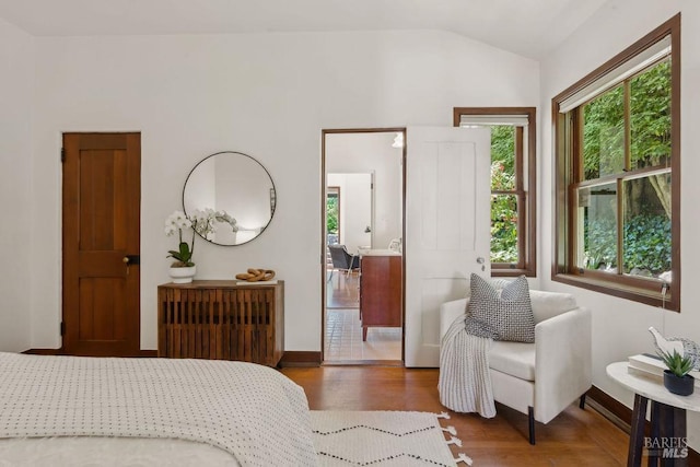 4 Cloud View Cir, Sausalito, CA 94965 - bedroom featuring multiple windows, wood finished floors, vaulted ceiling, and baseboards