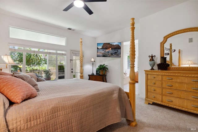 602 Summerset Dr, Rio Vista, CA 94571 - bedroom featuring light colored carpet, access to exterior, vaulted ceiling, and a ceiling fan