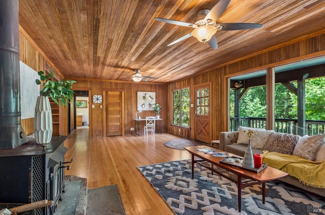 10520 Hwy 116, Forestville, CA 95436 - living area featuring ceiling fan, wood ceiling, wood walls, and hardwood / wood-style flooring