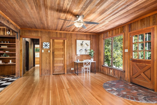 10520 Hwy 116, Forestville, CA 95436 - foyer featuring wooden walls, wooden ceiling, ceiling fan, and hardwood / wood-style floors
