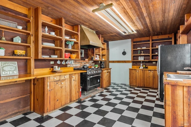 10520 Hwy 116, Forestville, CA 95436 - kitchen with open shelves, range with gas stovetop, dark floors, ventilation hood, and wooden ceiling