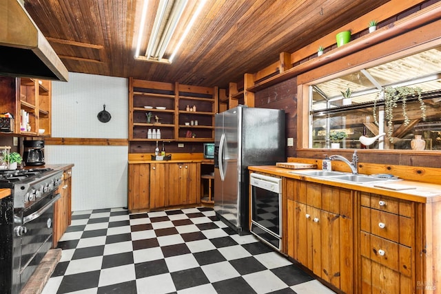 10520 Hwy 116, Forestville, CA 95436 - kitchen featuring stainless steel appliances, exhaust hood, dark floors, open shelves, and wooden ceiling