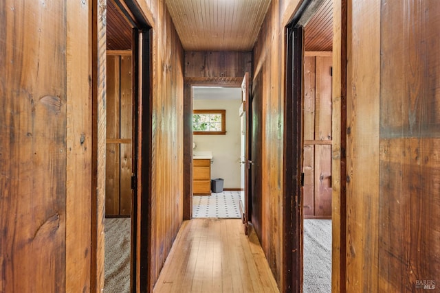 10520 Hwy 116, Forestville, CA 95436 - hallway with wood walls, light wood-style flooring, and wooden ceiling
