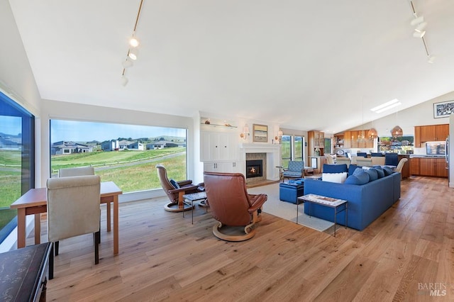 21199 Hummingbird Ct, Bodega Bay, CA 94923 - living area with rail lighting, vaulted ceiling, light wood finished floors, and a lit fireplace
