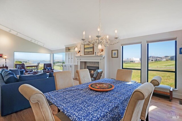 21199 Hummingbird Ct, Bodega Bay, CA 94923 - dining room with lofted ceiling, a chandelier, wood finished floors, track lighting, and a glass covered fireplace