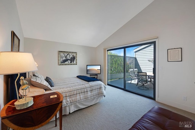 21199 Hummingbird Ct, Bodega Bay, CA 94923 - bedroom with access to outside, carpet, baseboards, and high vaulted ceiling