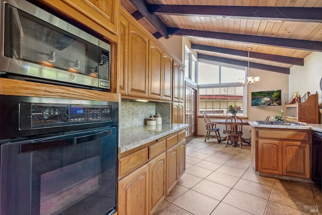 117 Farallon Dr, Vallejo, CA 94590 - kitchen with oven, stainless steel microwave, backsplash, a chandelier, and wooden ceiling
