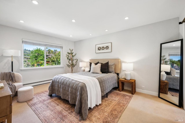 490 S Eliseo Dr, Greenbrae, CA 94904 - bedroom featuring a baseboard radiator, recessed lighting, light carpet, and baseboards