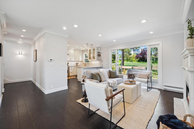 490 S Eliseo Dr, Greenbrae, CA 94904 - living room with crown molding, baseboard heating, recessed lighting, dark wood finished floors, and baseboards