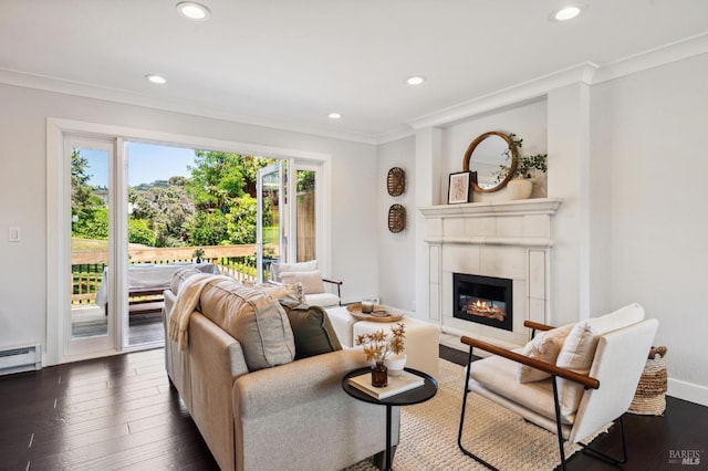 490 S Eliseo Dr, Greenbrae, CA 94904 - living area featuring crown molding, recessed lighting, a tile fireplace, dark wood-type flooring, and baseboard heating