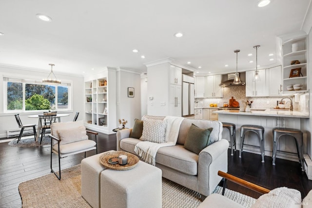 490 S Eliseo Dr, Greenbrae, CA 94904 - living area featuring dark wood-style floors, recessed lighting, baseboards, ornamental molding, and built in features