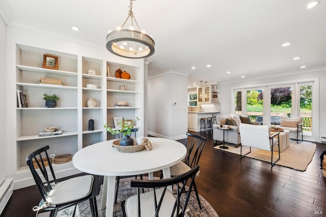490 S Eliseo Dr, Greenbrae, CA 94904 - dining area featuring crown molding, baseboard heating, dark wood-style flooring, recessed lighting, and a chandelier