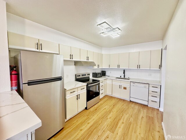 1927 Taraval St, San Francisco, CA 94116 - kitchen with appliances with stainless steel finishes, a sink, under cabinet range hood, light wood-style floors, and a textured ceiling