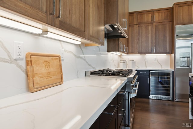 3704 Llyn Glaslyn Pl, Santa Rosa, CA 95403 - kitchen with beverage cooler, premium appliances, extractor fan, dark wood finished floors, and light stone counters