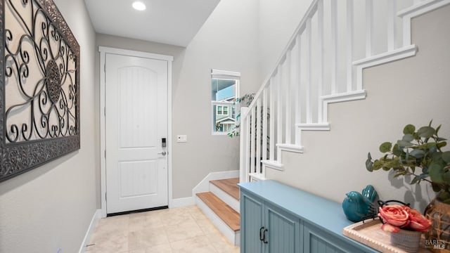 1212 Del Rancho Way, Petaluma, CA 94954 - foyer featuring stairs, baseboards, light tile patterned floors, and recessed lighting