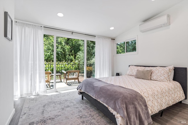 10 Waldruhe Hts, Glen Ellen, CA 95442 - bedroom featuring an AC wall unit, access to outside, wood finished floors, recessed lighting, and lofted ceiling