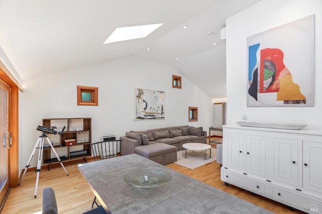 10 Waldruhe Hts, Glen Ellen, CA 95442 - living room with a skylight, vaulted ceiling, light wood finished floors, and recessed lighting