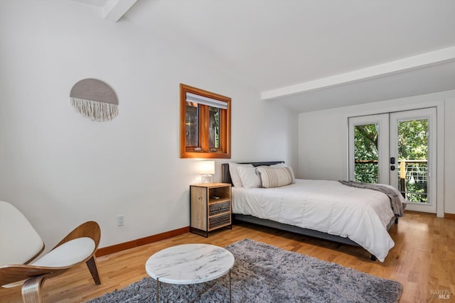 10 Waldruhe Hts, Glen Ellen, CA 95442 - bedroom featuring beamed ceiling, access to outside, french doors, light wood finished floors, and baseboards